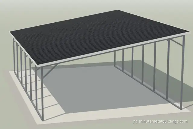 Illustration of an open 20' x 30' single-slope carport with a black roof that slopes down from the tall right side to the short left side